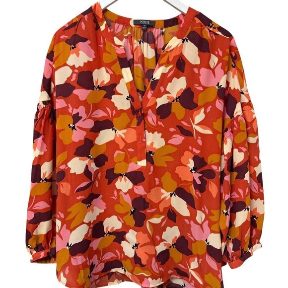 NYDJ Orange Floral Blouse Medium Womens Paulina Peasant Top NWOT - Picture 2 of 12